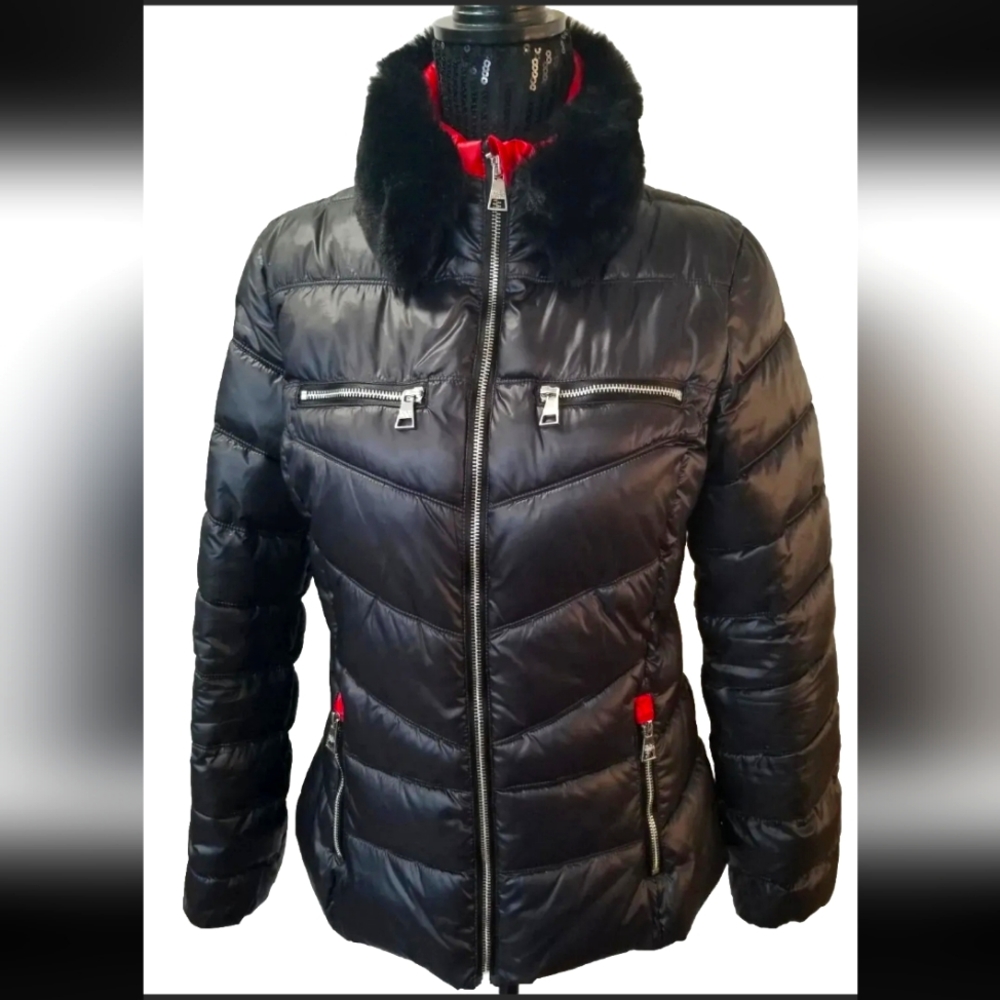 NEW! Karl Lagerfeld Faux Fur Collar Short Black Puffer Jacket Size Small - Picture 1 of 10